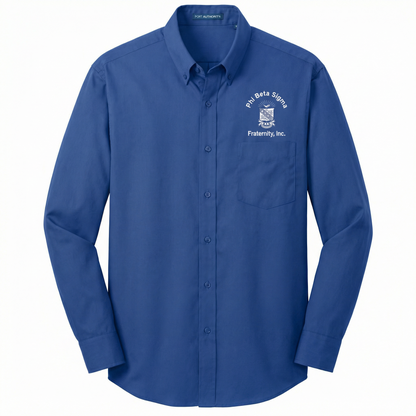 Blue button-up shirt with a logo on the chest against a white background
