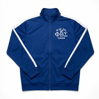 Blue tracksuit jacket with white accents and a logo on the chest against a white background