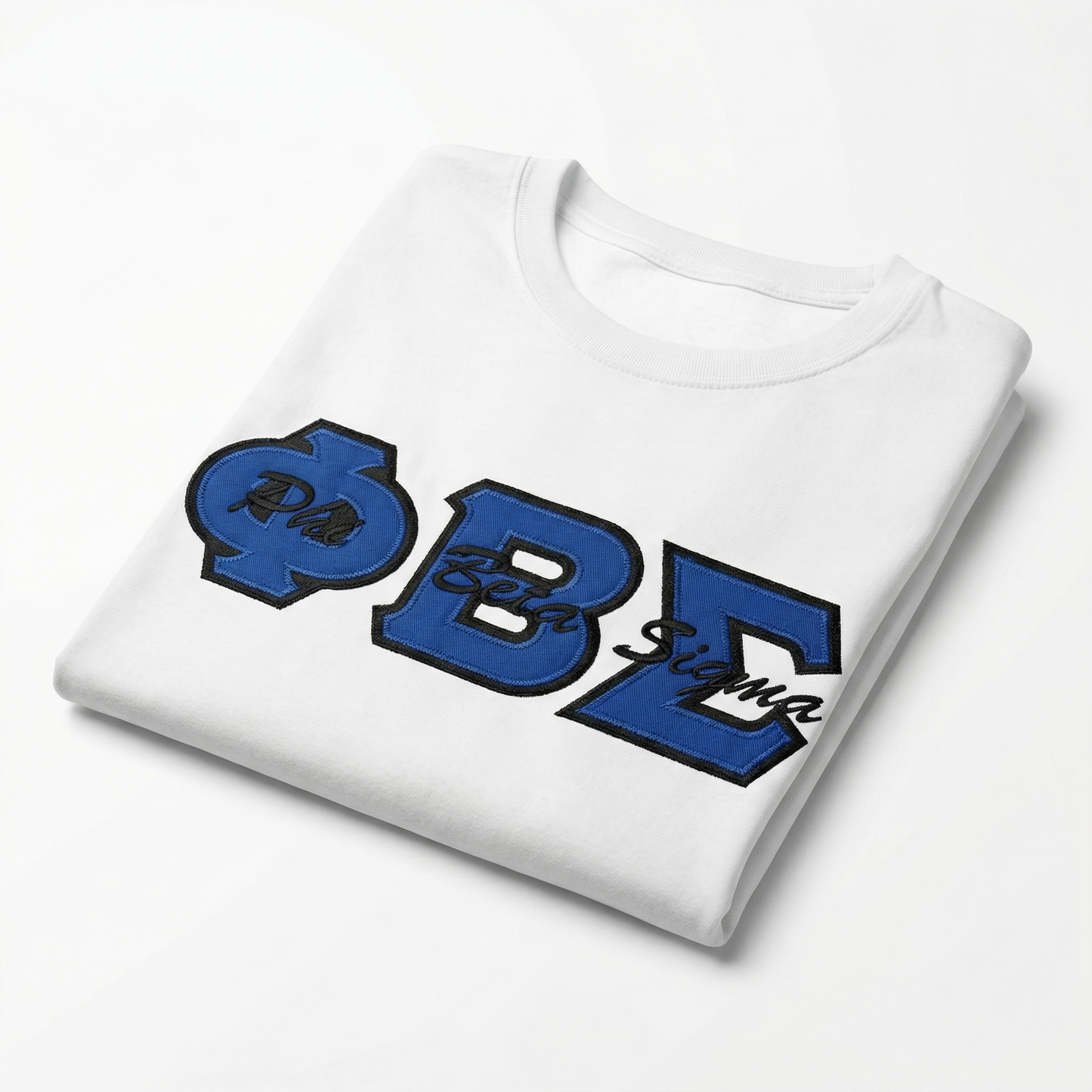White t-shirt with blue and black lettering on a white background