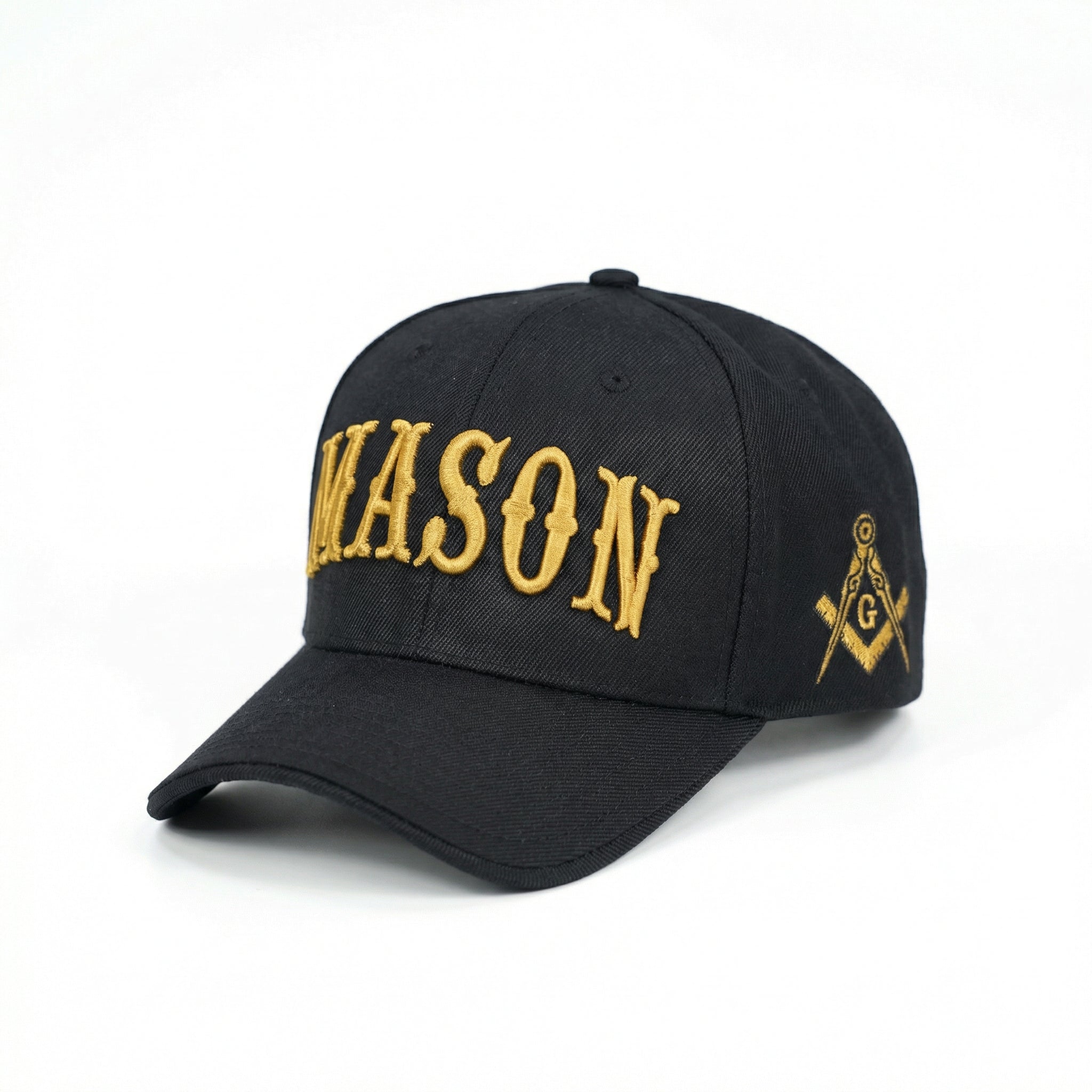 Black cap with 'MASON' in gold letters and Masonic symbol on a white background