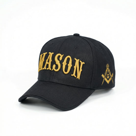 Black cap with 'MASON' in gold letters and Masonic symbol on a white background