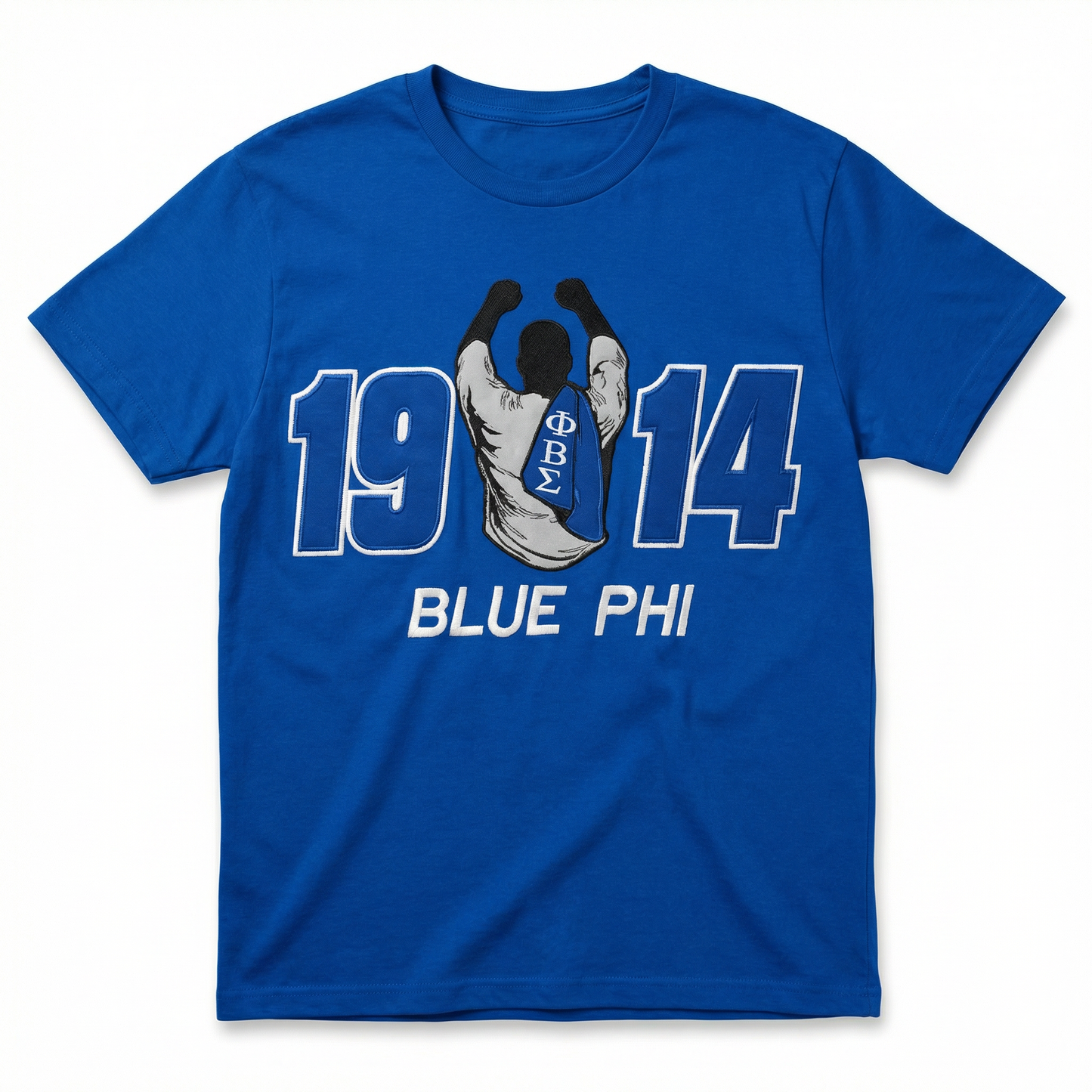 Blue t-shirt with '1914 Blue Phi' design on a white background
