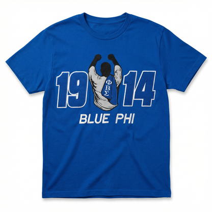 Blue t-shirt with '1914 Blue Phi' design on a white background