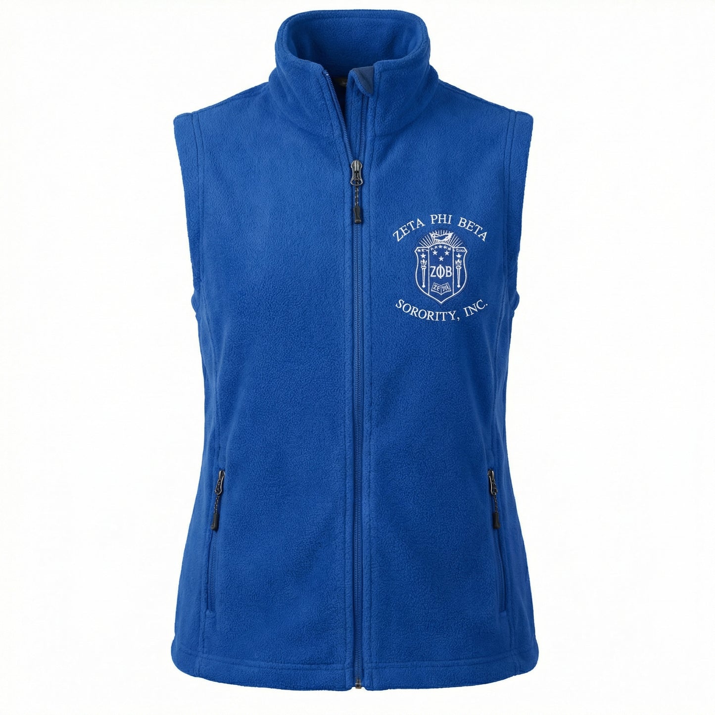 Blue fleece vest with Zeta Phi Beta Sorority, Inc. logo on a white background
