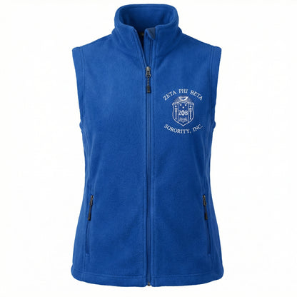 Blue fleece vest with Zeta Phi Beta Sorority, Inc. logo on a white background