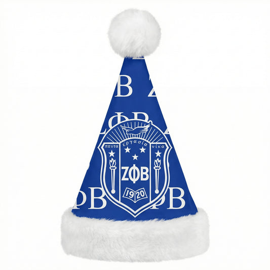 Blue Santa hat with white pom-pom and Zeta Phi Beta logo on a white background