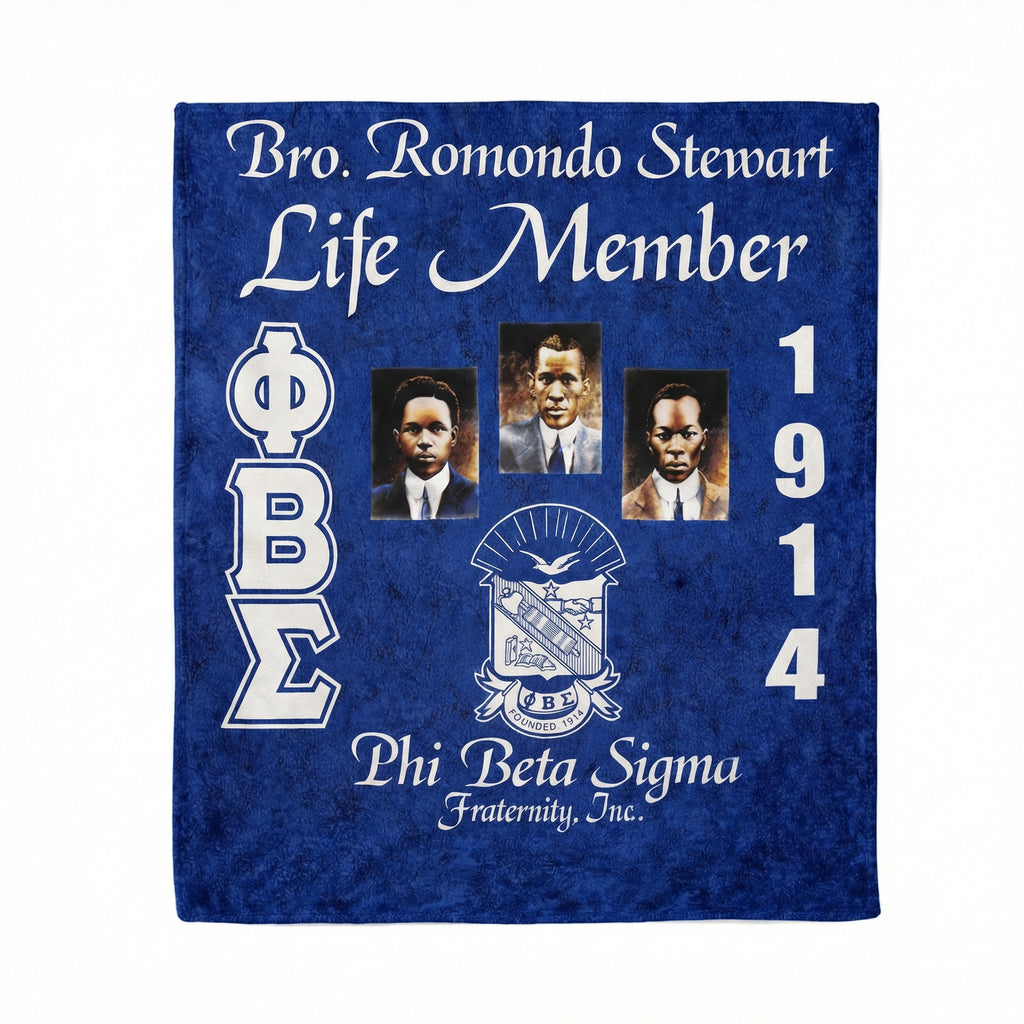 Phi Beta Sigma fraternity banner with text and logo on a blue background