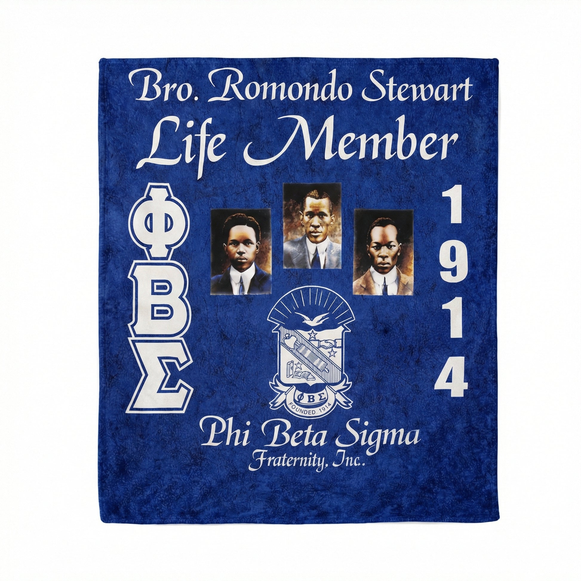 Phi Beta Sigma fraternity banner with text and logo on a blue background