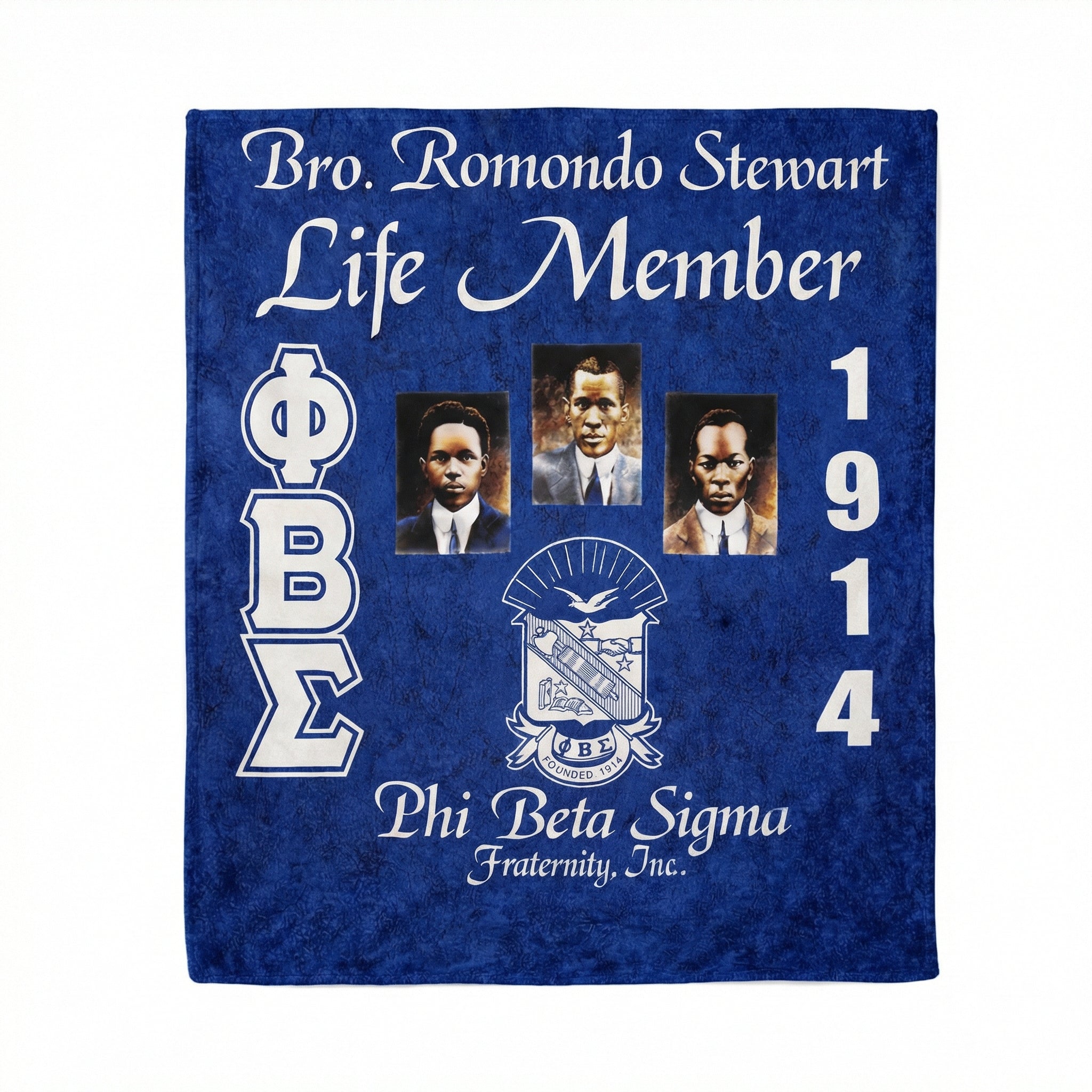 Phi Beta Sigma fraternity banner with text and logo on a blue background