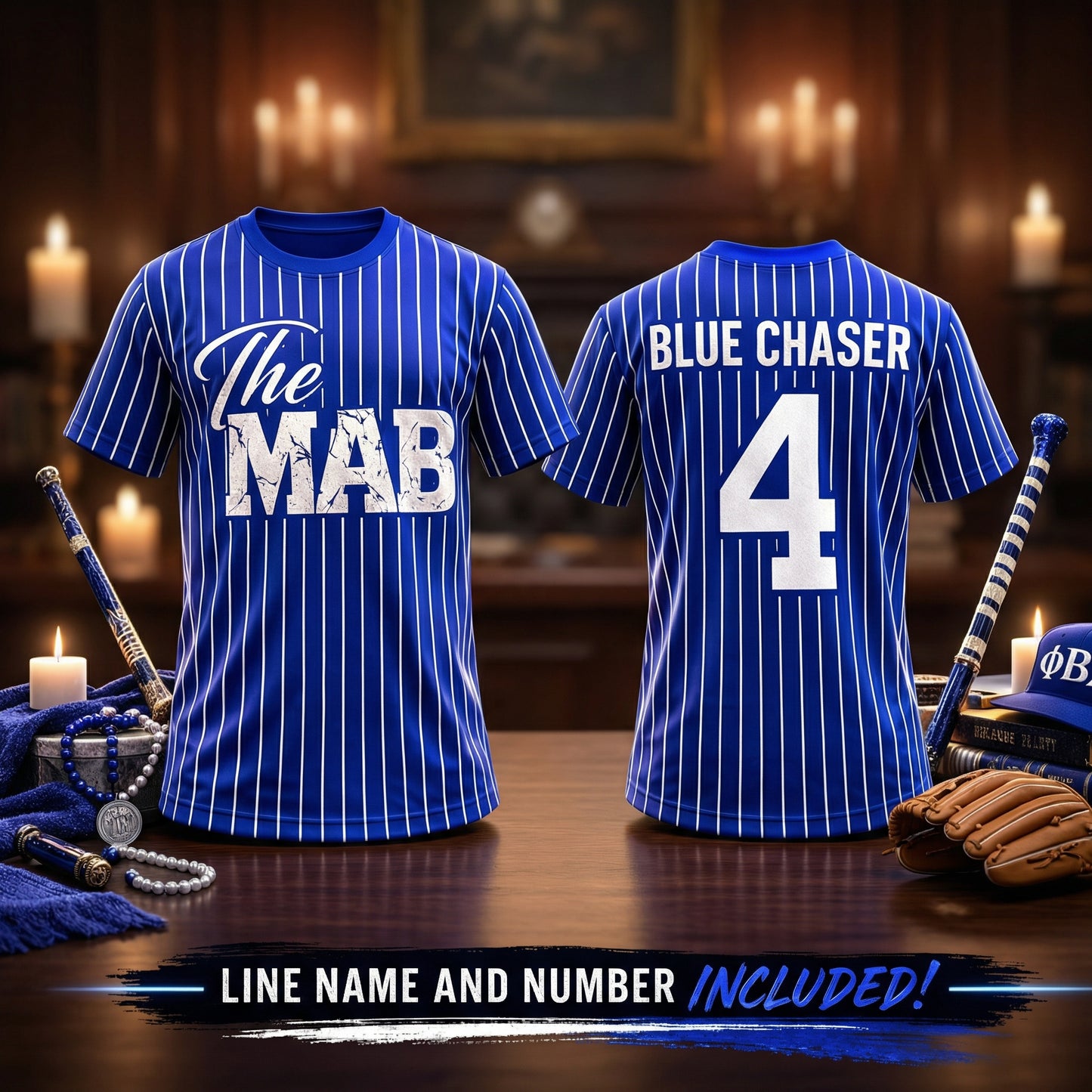 Blue pinstripe baseball jerseys with 'The MAB' and 'BLUE CHASER 4' text on a wooden surface.
