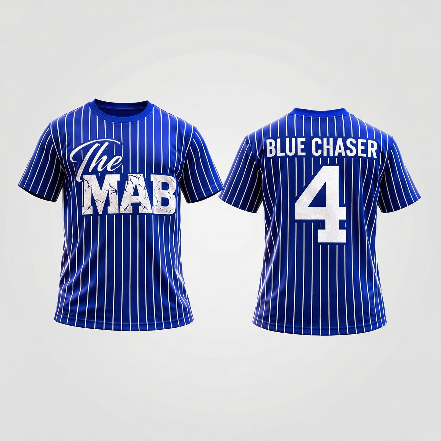Blue striped t-shirt with 'The MAB' on the front and 'BLUE CHASER 4' on the back.
