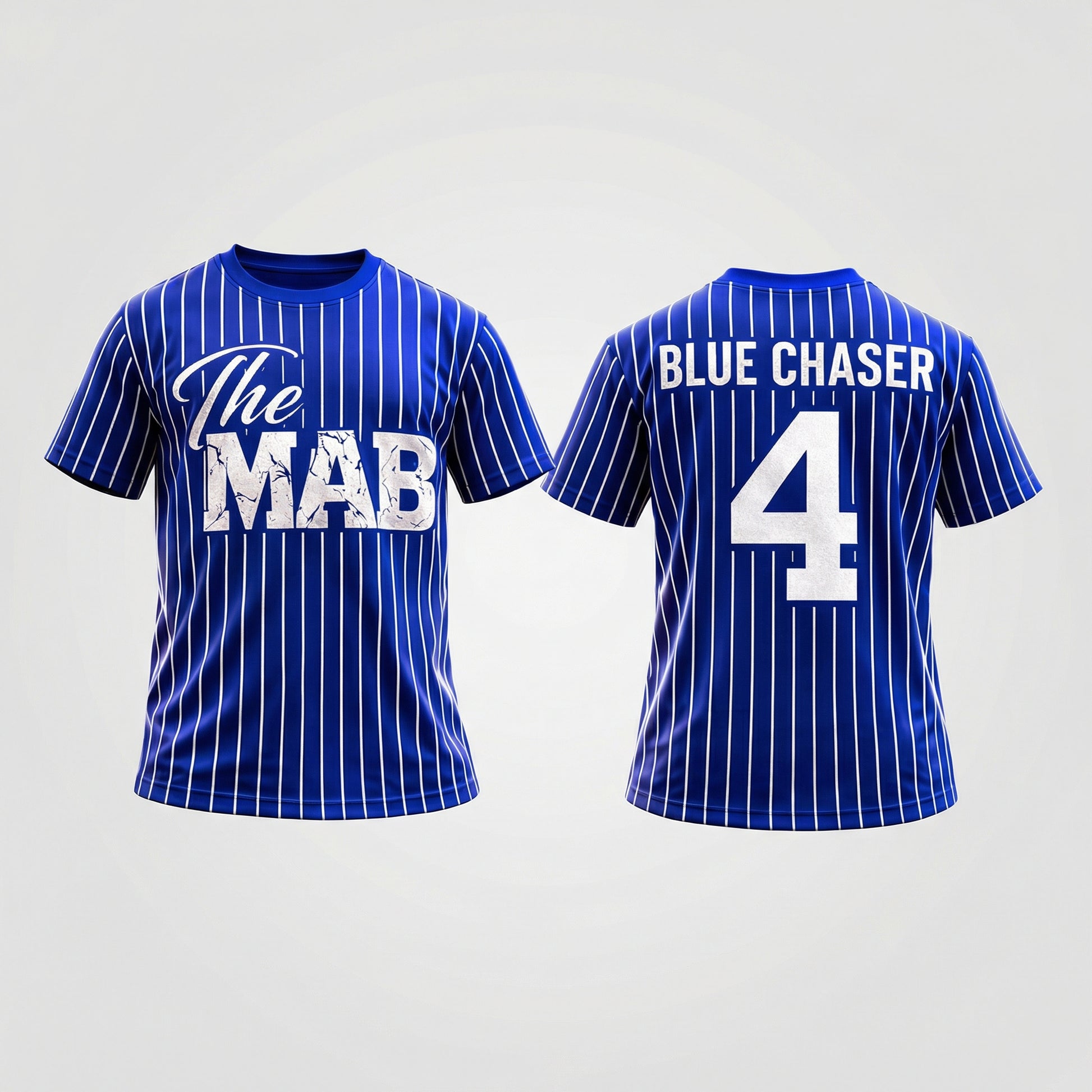 Blue striped t-shirt with 'The MAB' on the front and 'BLUE CHASER 4' on the back.