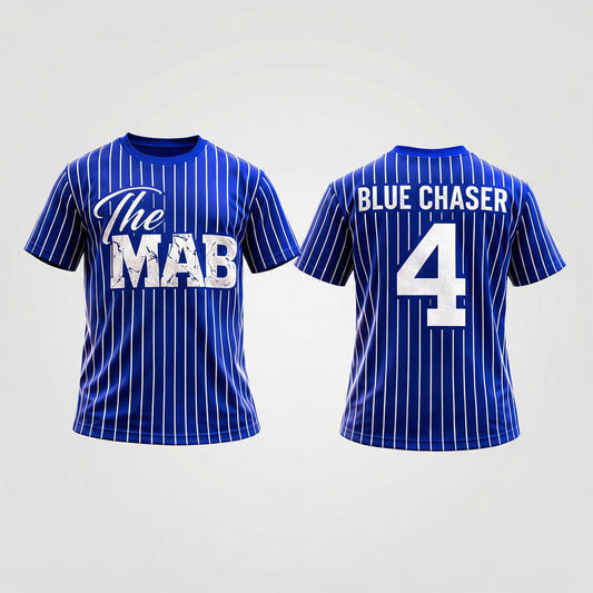 Blue striped t-shirt with 'The MAB' on the front and 'BLUE CHASER 4' on the back.