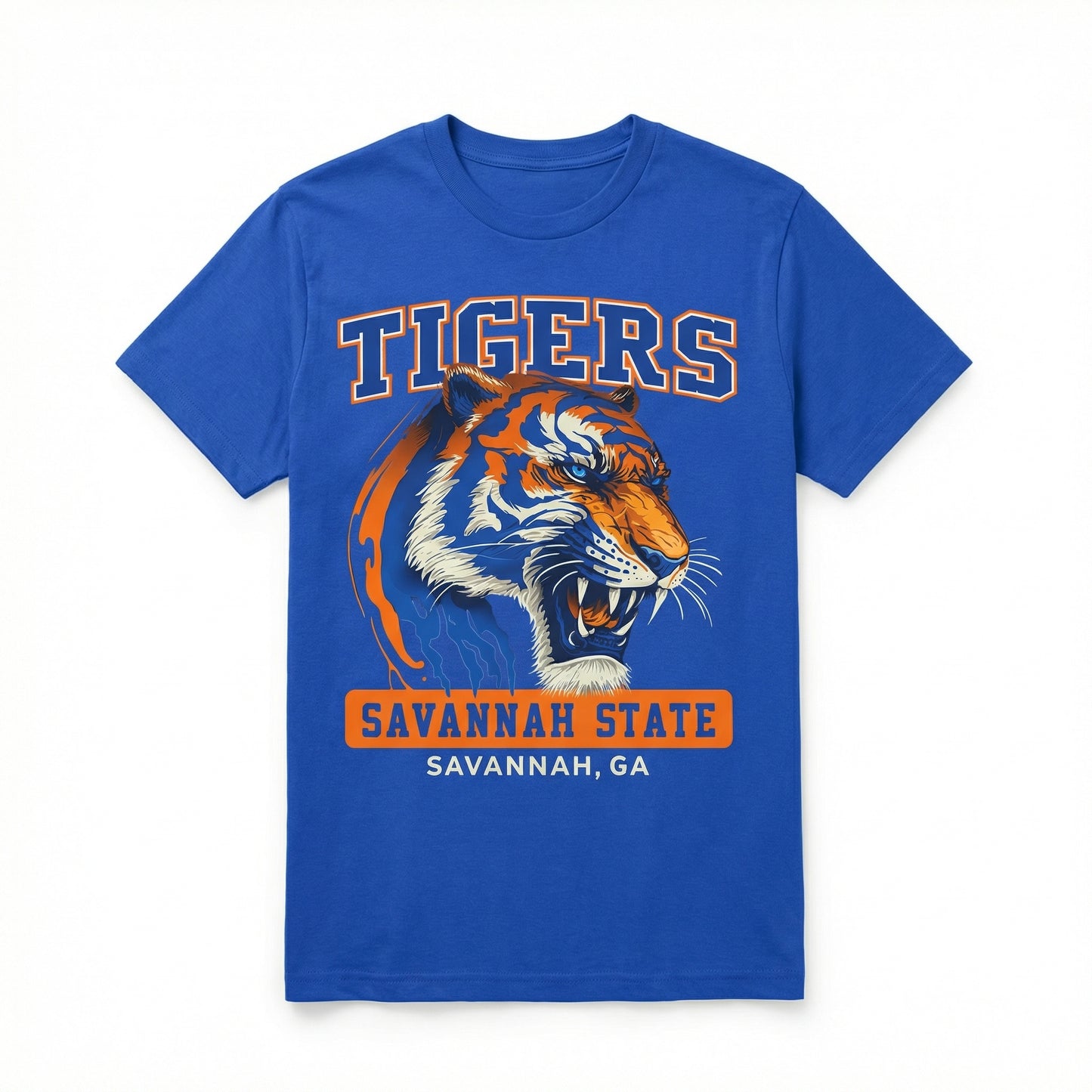 Blue t-shirt with a tiger graphic and 'Tigers Savannah State Savannah, GA' text on a white background
