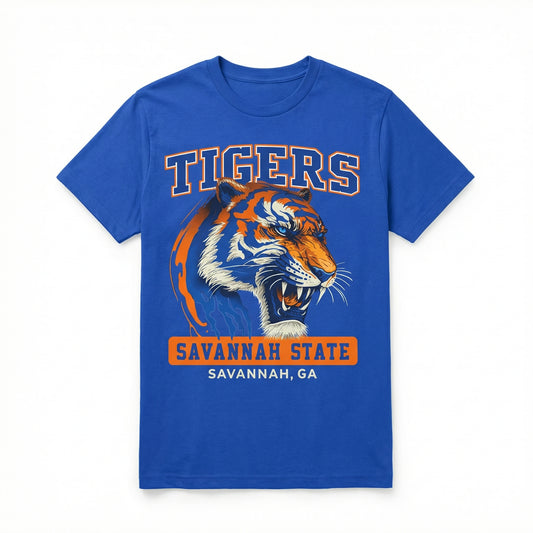Blue t-shirt with a tiger graphic and 'Tigers Savannah State Savannah, GA' text on a white background