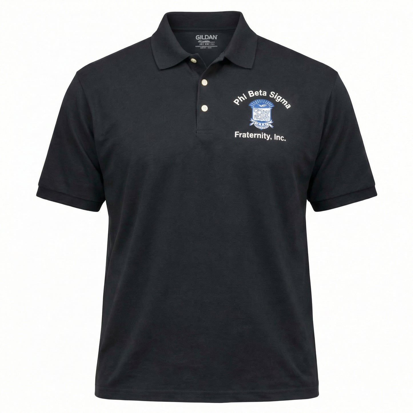 Black polo shirt with Phi Beta Sigma fraternity logo on a white background