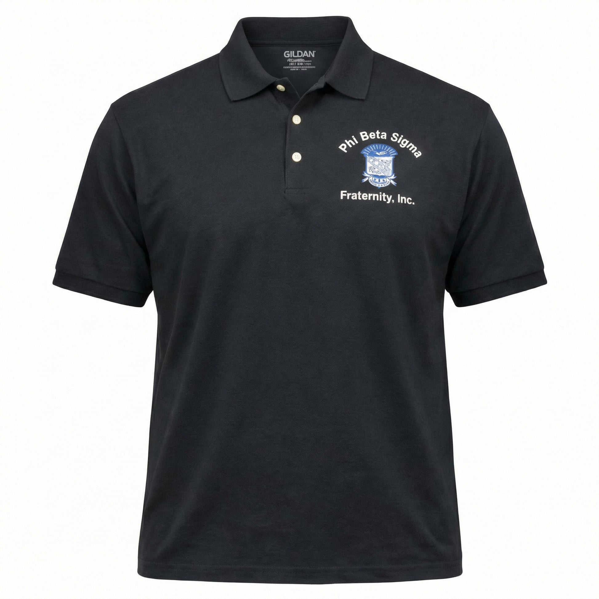 Black polo shirt with Phi Beta Sigma fraternity logo on a white background