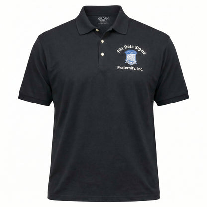 Black polo shirt with Phi Beta Sigma fraternity logo on a white background