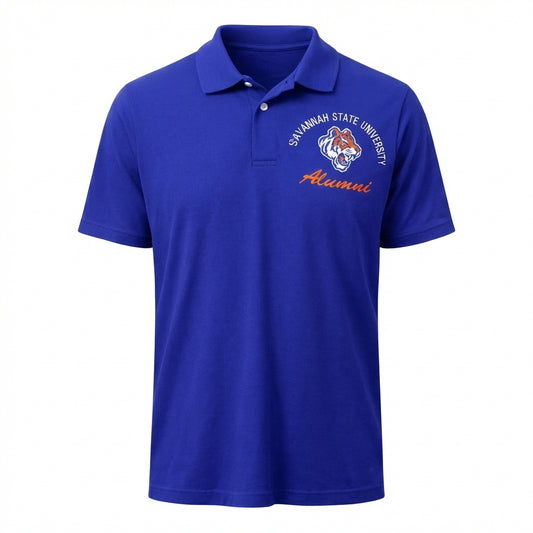 Blue polo shirt with Savannah State University logo and text on a white background