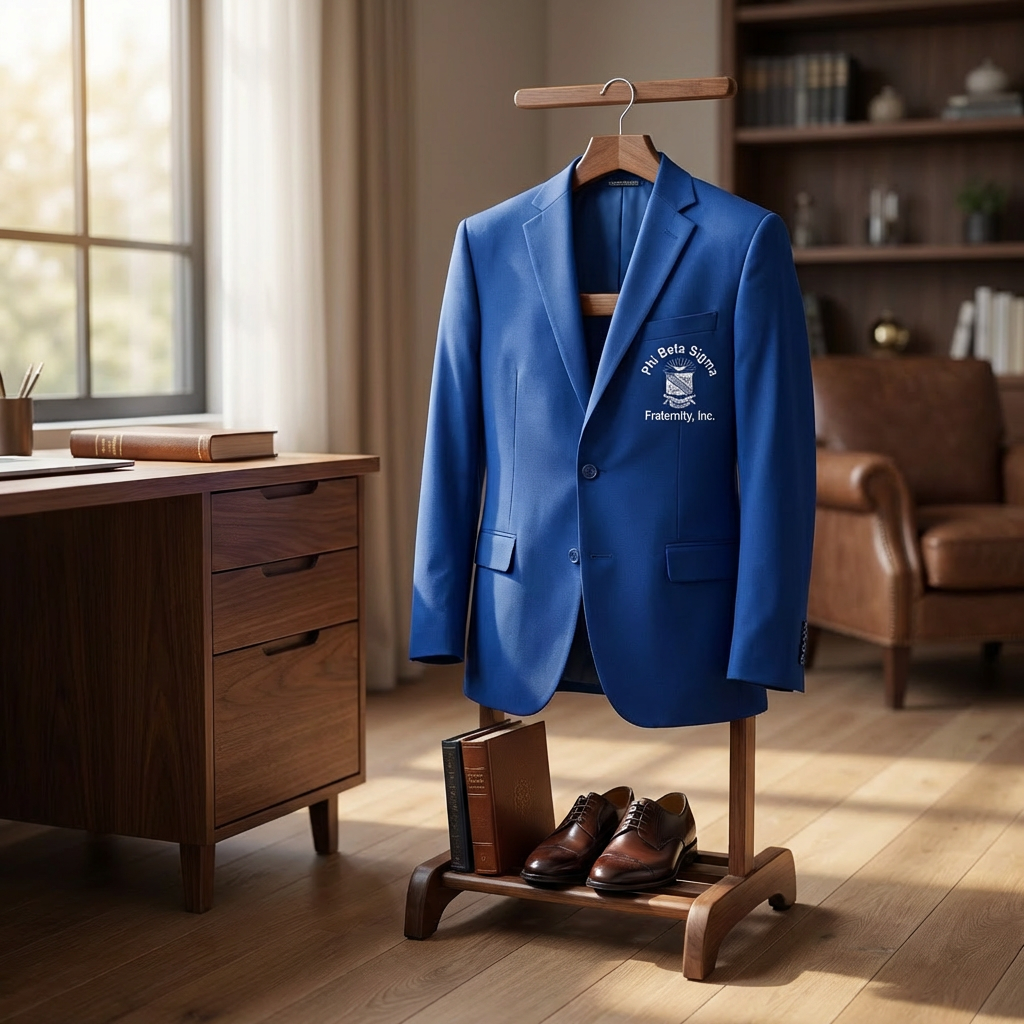Blue blazer on a wooden stand with shoes in a room with a desk and bookshelf.
