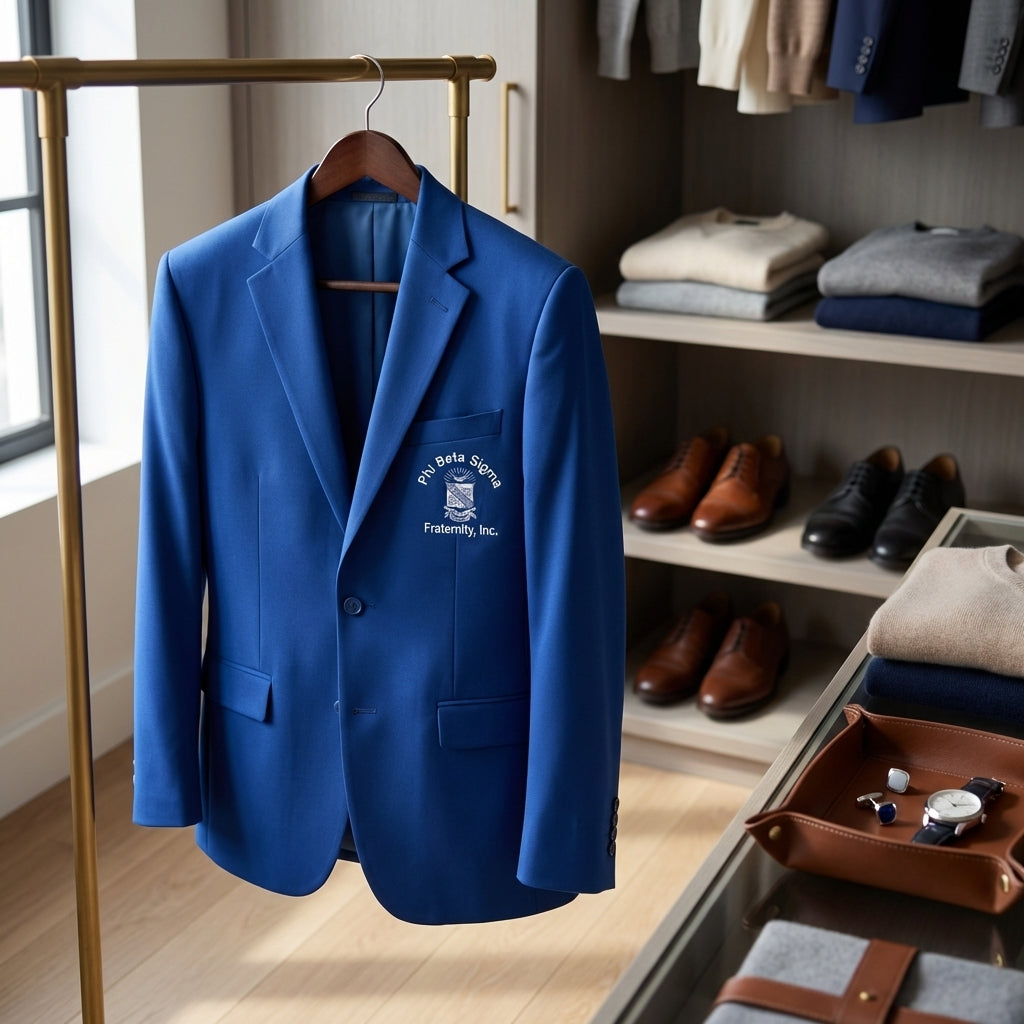 Blue blazer with a logo on a hanger in a room with shelves and shoes.