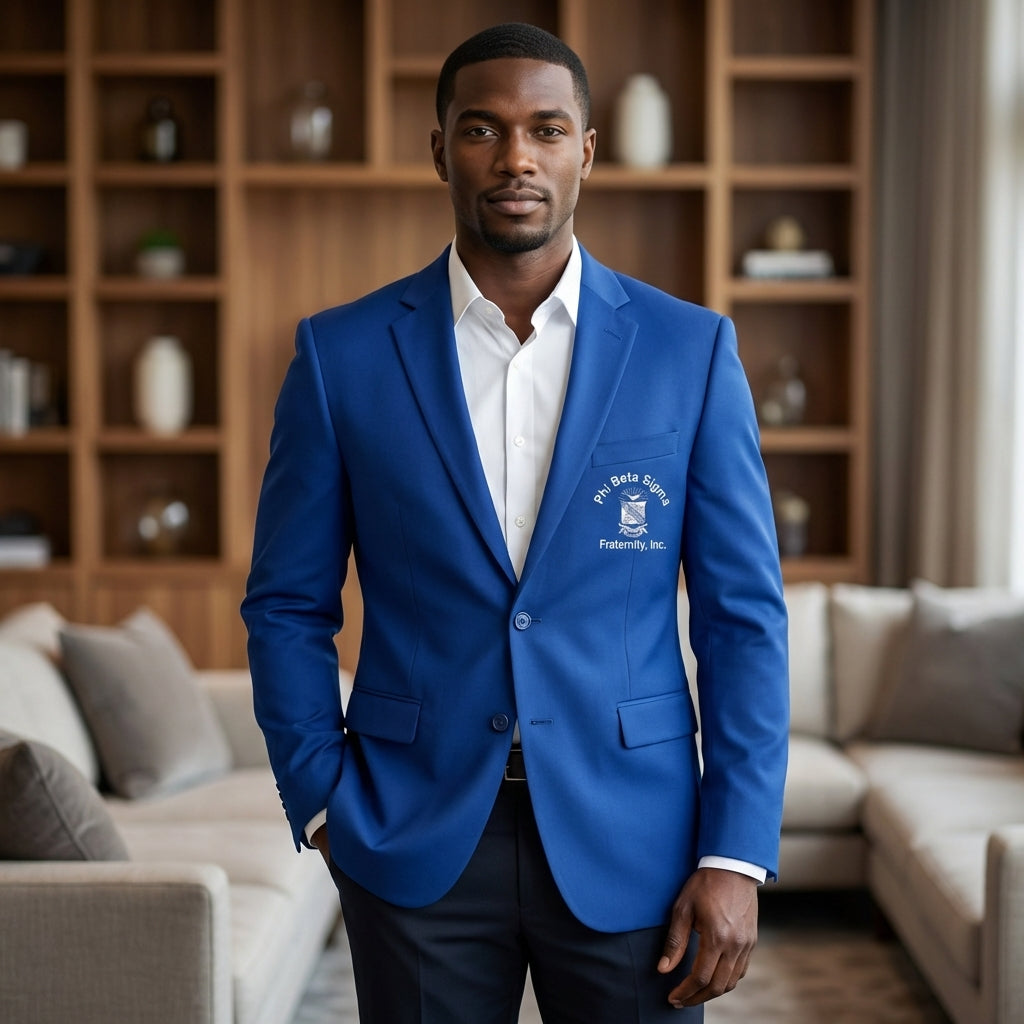 Man wearing a blue blazer with a logo in a living room setting