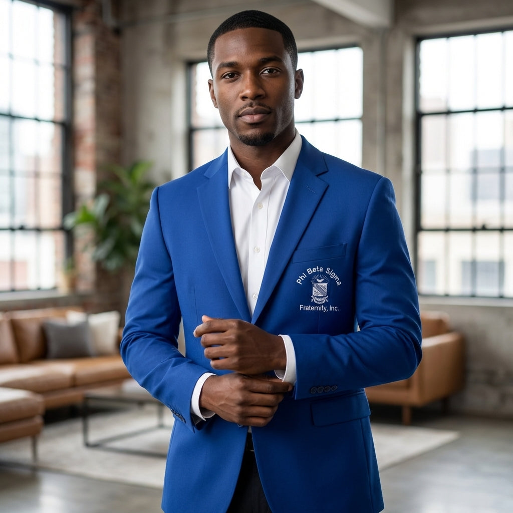 Man wearing a blue blazer with a logo in an indoor setting