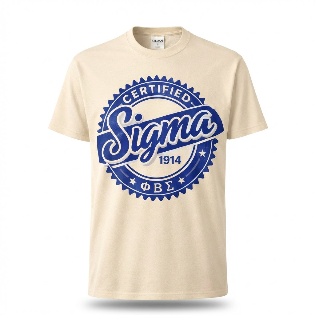 Beige t-shirt with blue 'Certified Sigma 1914' graphic on a white background