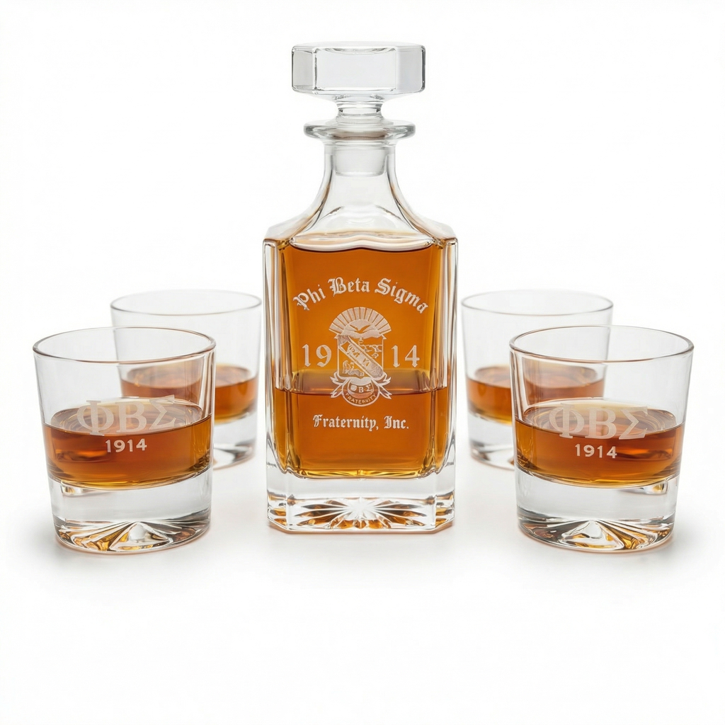 Alcohol decanter and glasses with Phi Beta Sigma fraternity branding on a white background