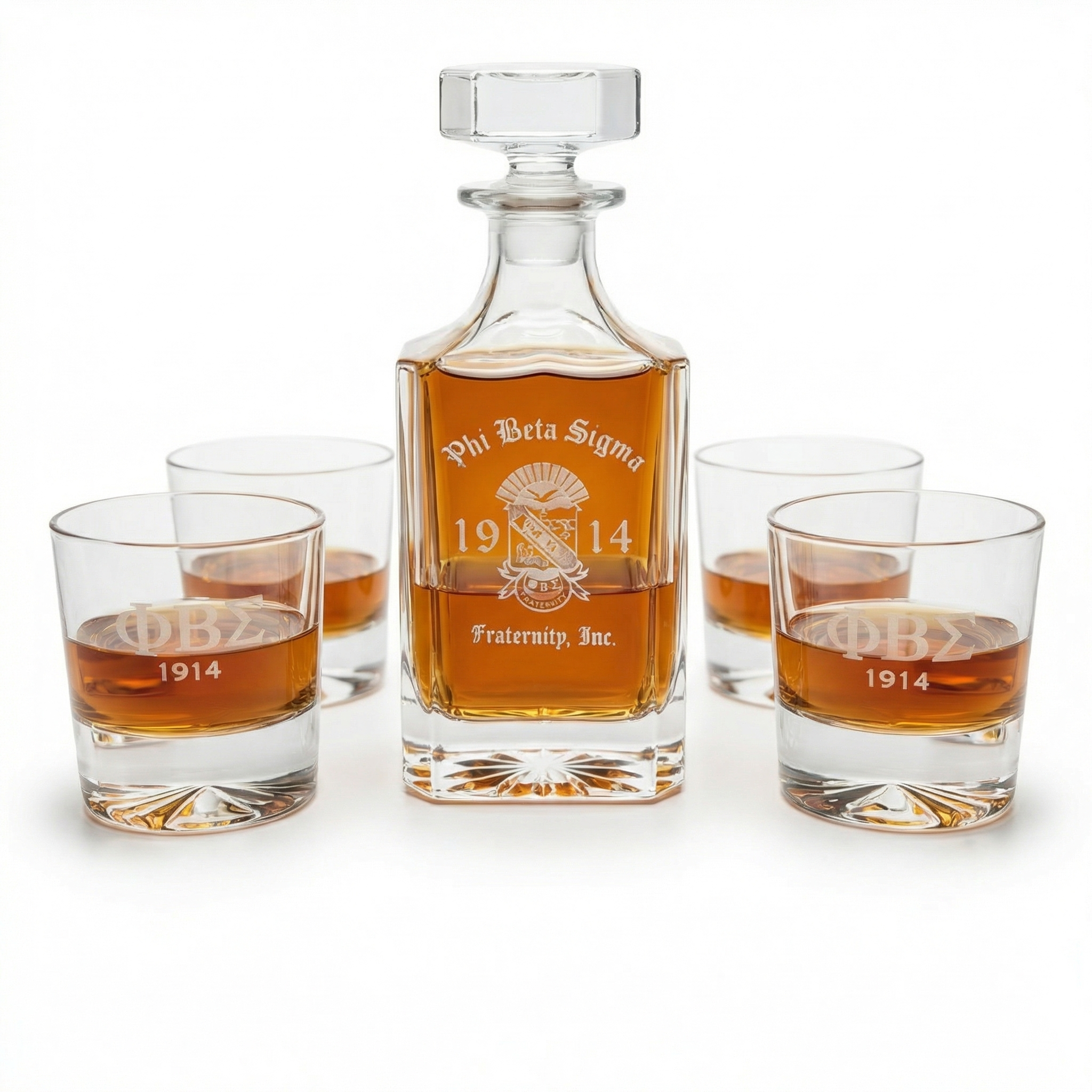 Alcohol decanter and glasses with Phi Beta Sigma fraternity branding on a white background
