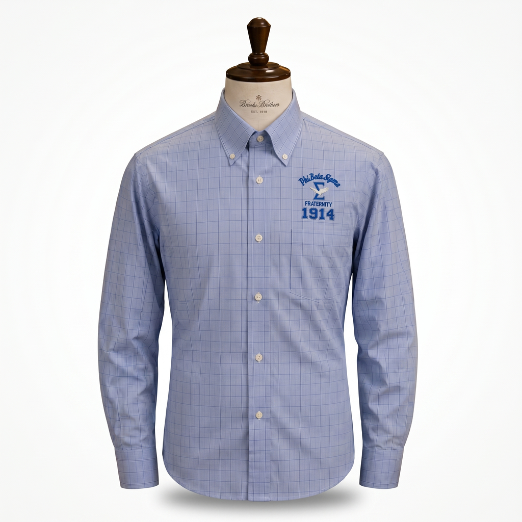 Blue checkered shirt with a logo on a mannequin against a white background