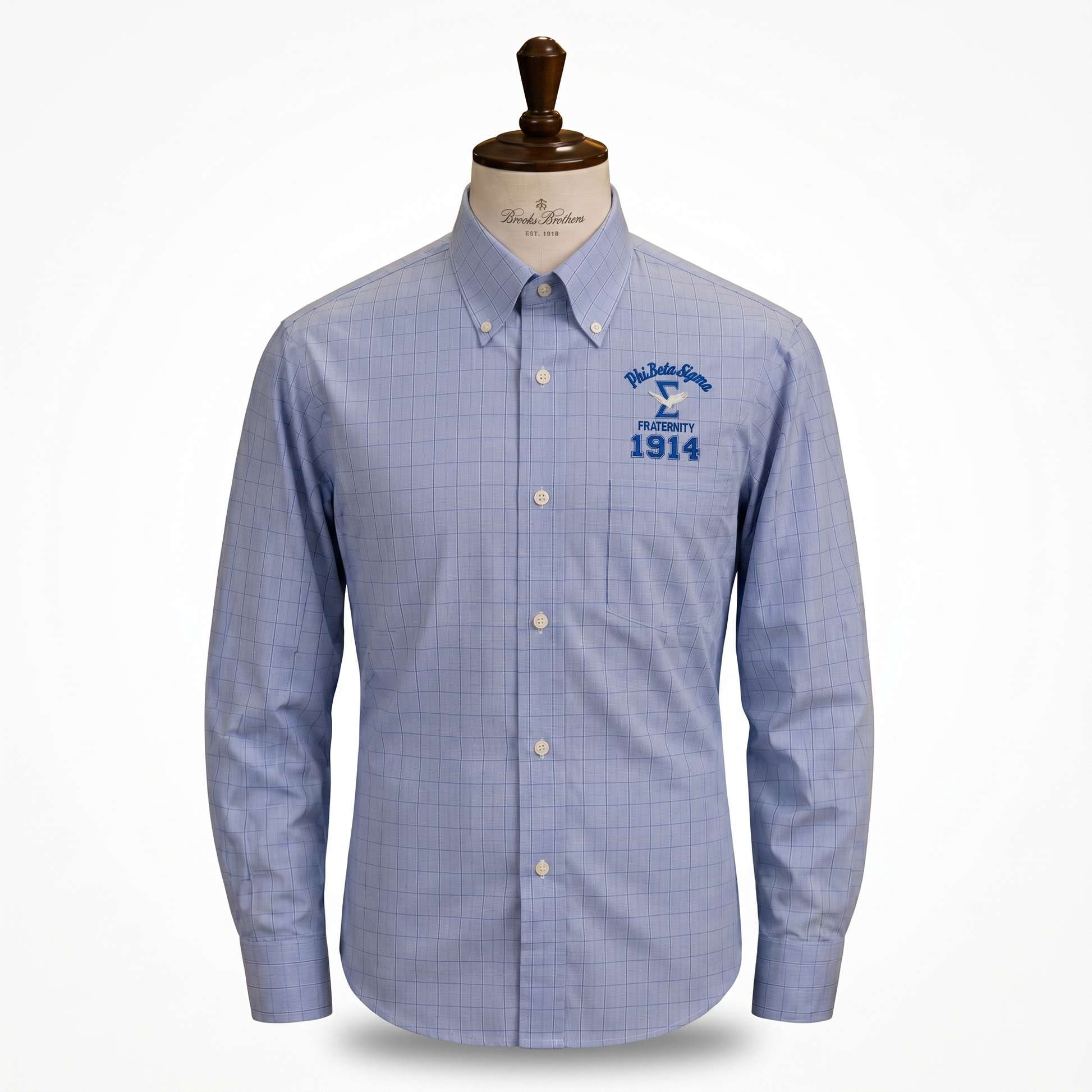 Blue checkered shirt with a logo on a mannequin against a white background