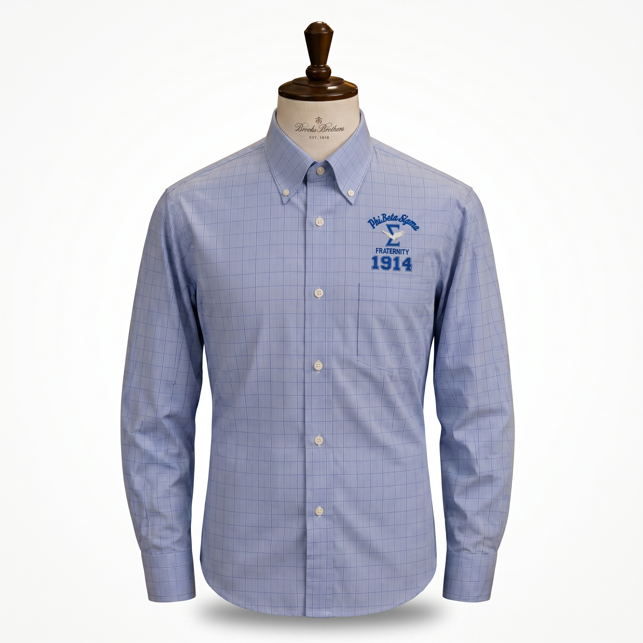 Blue checkered shirt with a logo on a mannequin against a white background