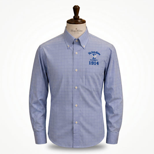 Blue checkered shirt with a logo on a mannequin against a white background