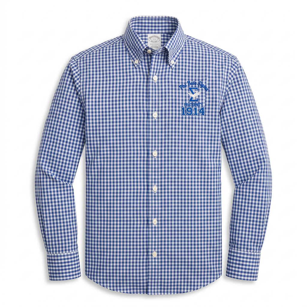 Blue and white checkered shirt with a logo on a white background