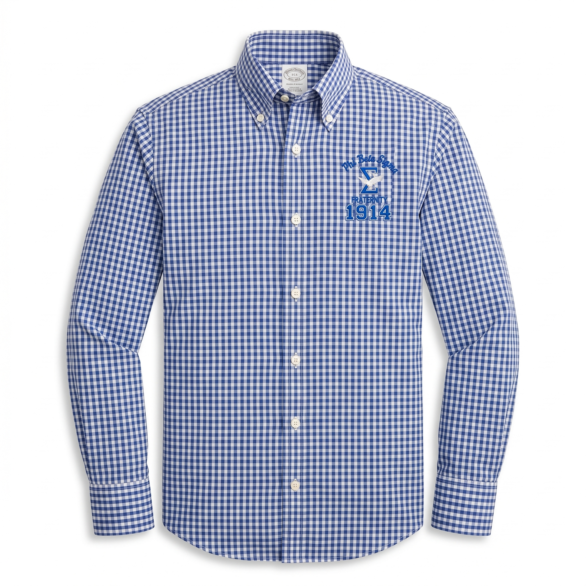 Blue and white checkered shirt with a logo on a white background