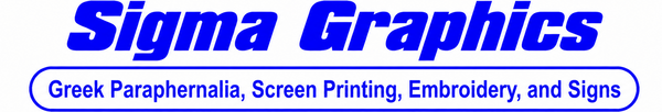 Sigma Graphics blue logo on white background for Greek paraphernalia, screen printing, embroidery, and signs