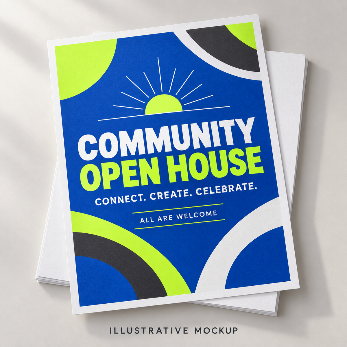 Illustrative mockup of a blue and lime community flyer on letter-size paper with a white border.