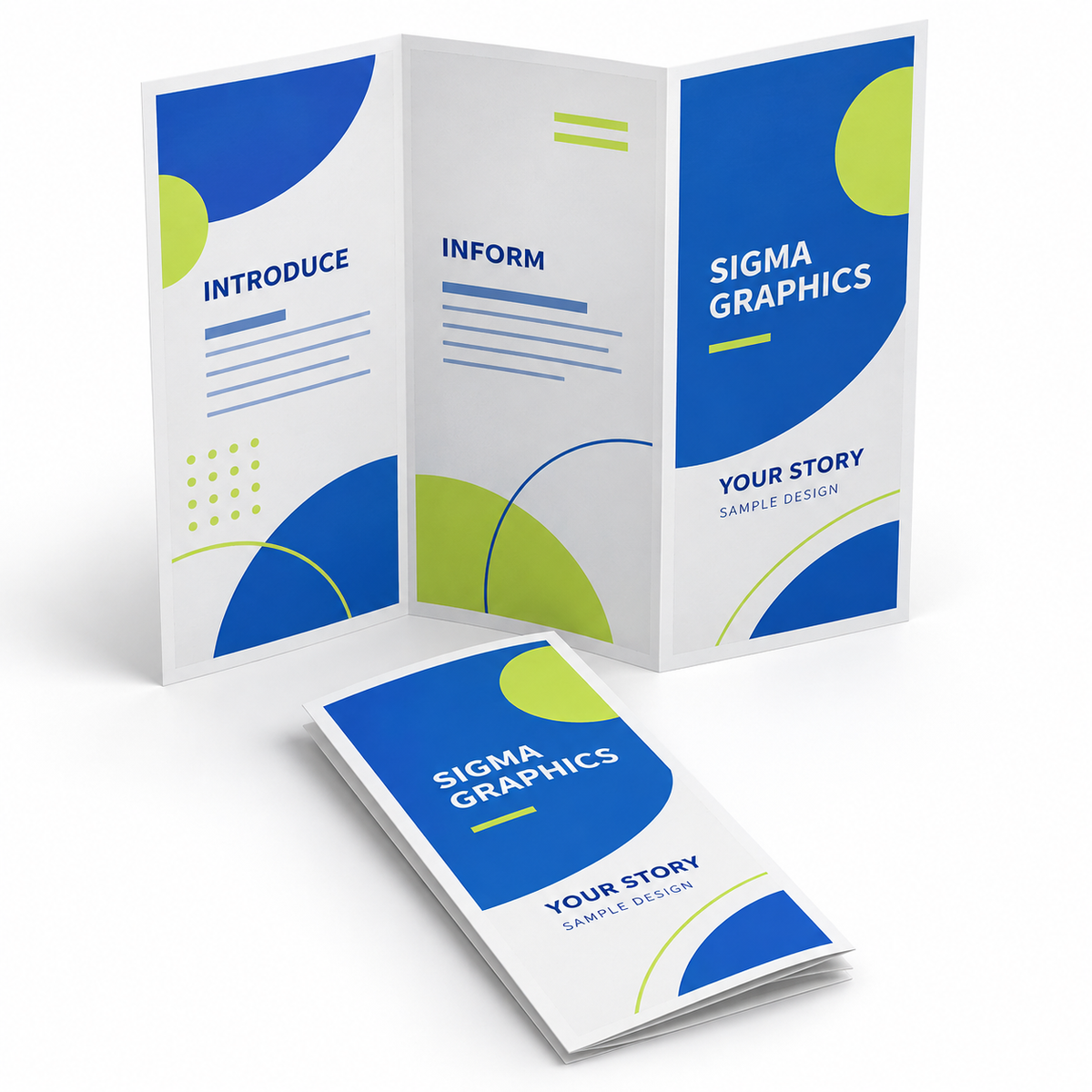 Illustrative Sigma Graphics tri-fold brochure, shown open and folded with blue and lime sample artwork and white borders