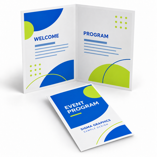 Illustrative Sigma Graphics four-page event program, shown open and half-folded with blue and lime sample artwork and white borders