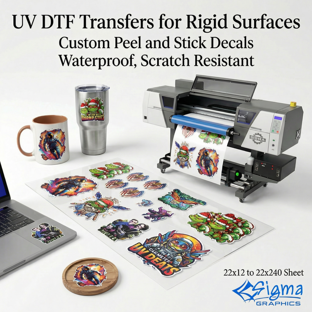 UV DTF transfers for rigid surfaces with a printing machine, mug, tumbler, and laptop displaying decals.