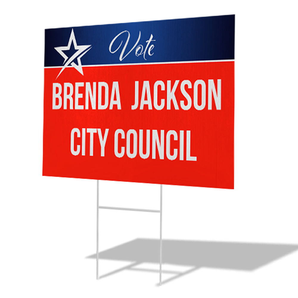 A red and blue political sign with the text 'Vote for Brenda Jackson City Council' and stars at the top.