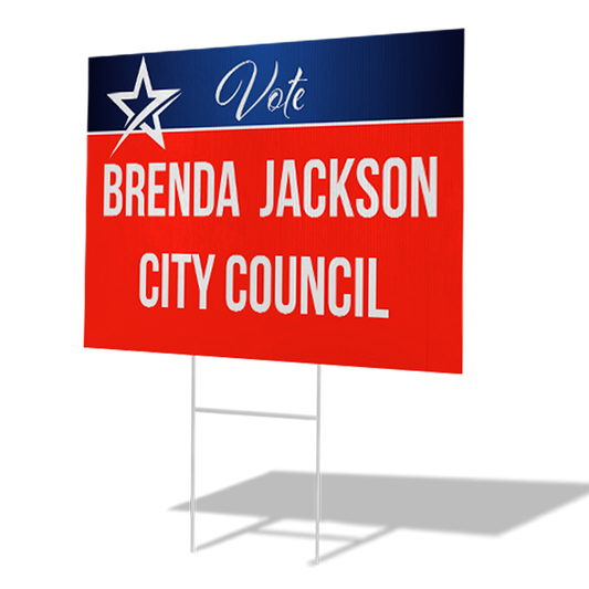 A red and blue political sign with the text 'Vote for Brenda Jackson City Council' and stars at the top.