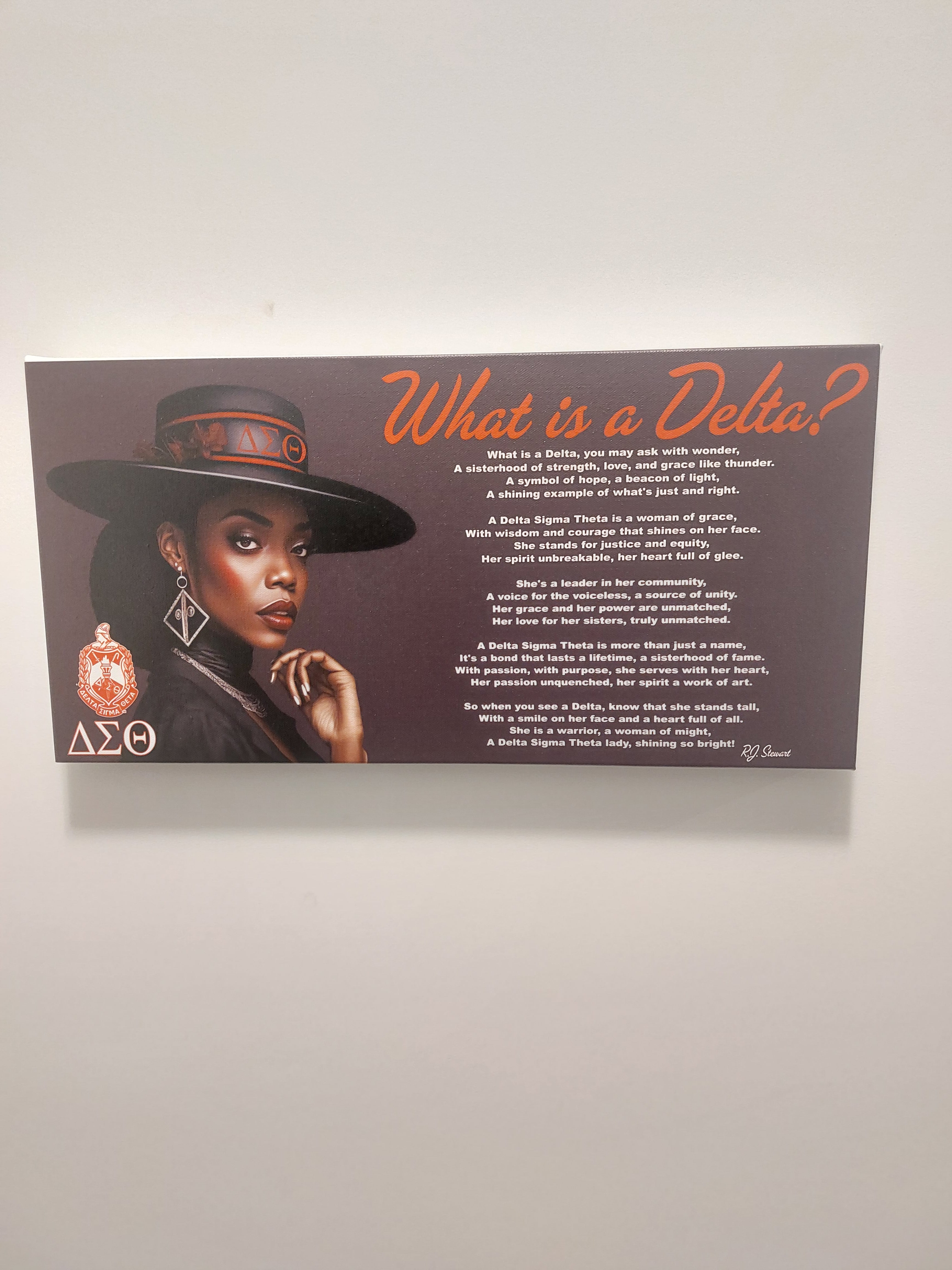 A canvas wall art featuring the Delta Sigma Theta sorority symbol with Greek letters, a portrait of a woman wearing a Delta Sigma Theta hat, and text explaining the sorority's purpose and history.