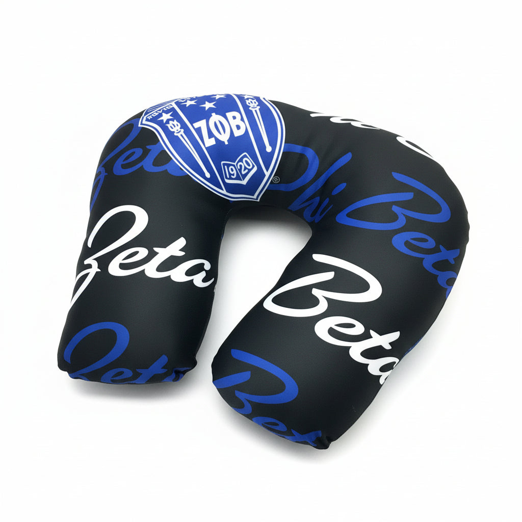 Black neck pillow with 'Zeta Beta' text and logo on a white background