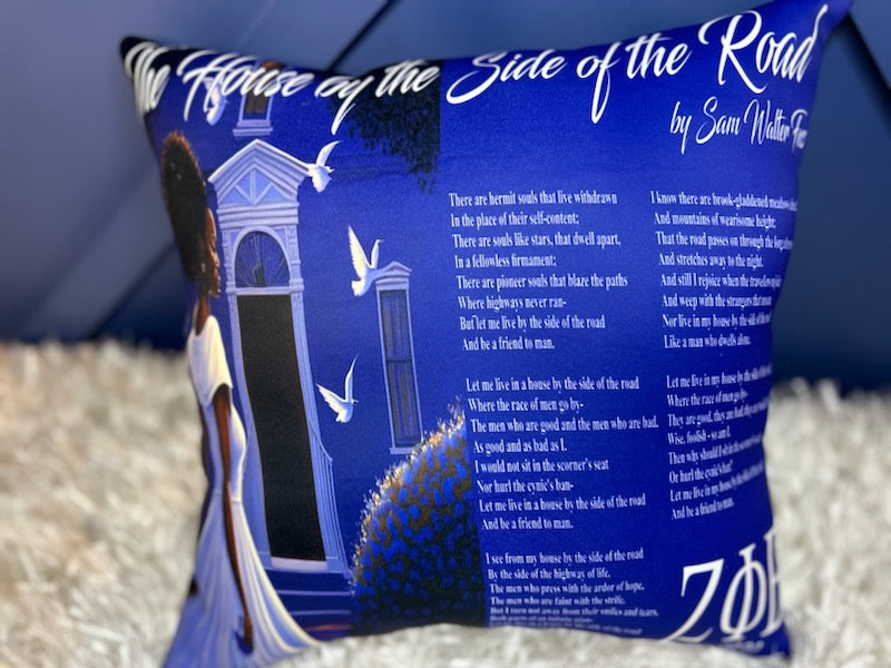 A square-shaped pillow with a blue background featuring text and an illustration of a woman holding a lyre and a bird.