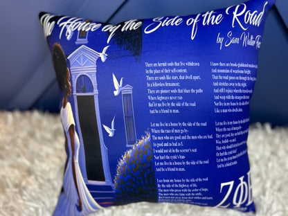 A square-shaped pillow with a blue background featuring text and an illustration of a woman holding a lyre and a bird.