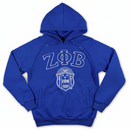 Blue hoodie with Zeta Phi Beta logo on a white background