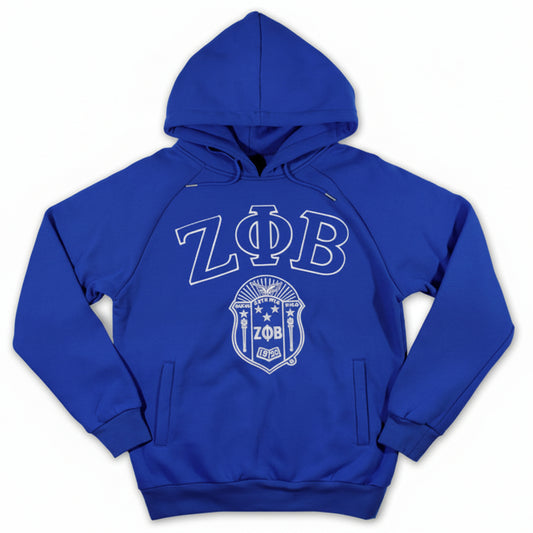 Blue hoodie with Zeta Phi Beta logo on a white background