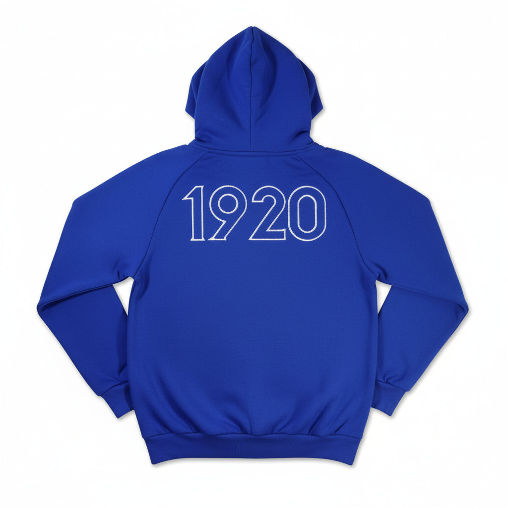 Blue hoodie with '1920' printed on the back against a white background